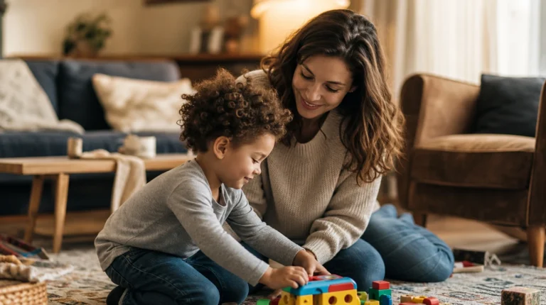 Mother smiling at her young son as they stack colorful toy blocks on a patterned rug in a cozy living room.