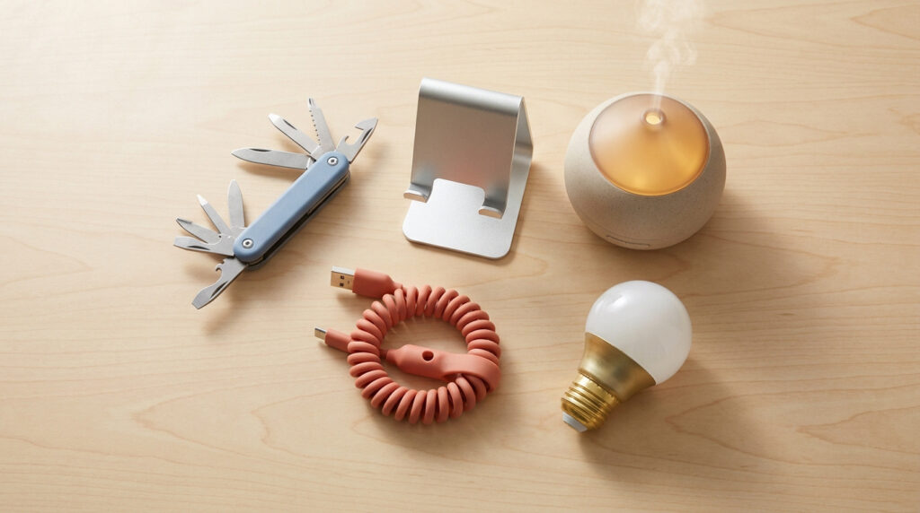 Cinq gadgets utiles posés sur une table en bois : couteau suisse, support téléphone, diffuseur, câble USB et ampoule.