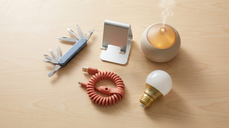 Cinq gadgets utiles posés sur une table en bois : couteau suisse, support téléphone, diffuseur, câble USB et ampoule.