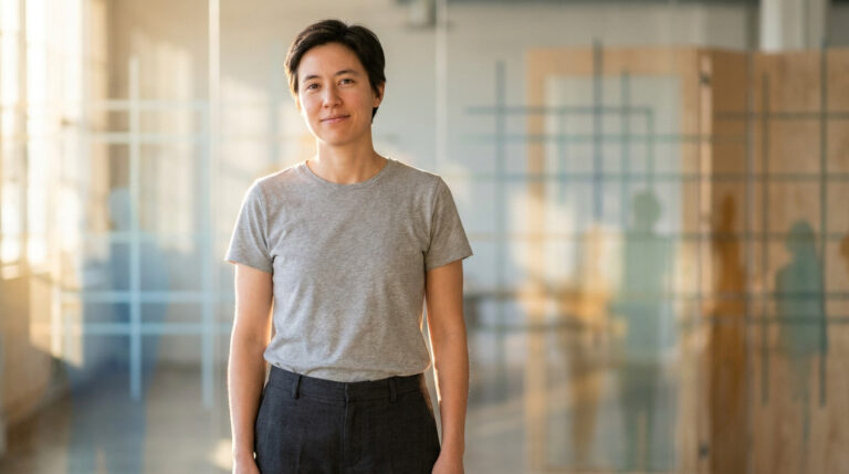 Personne aux cheveux courts portant un t-shirt gris dans un bureau vitré lumineux.