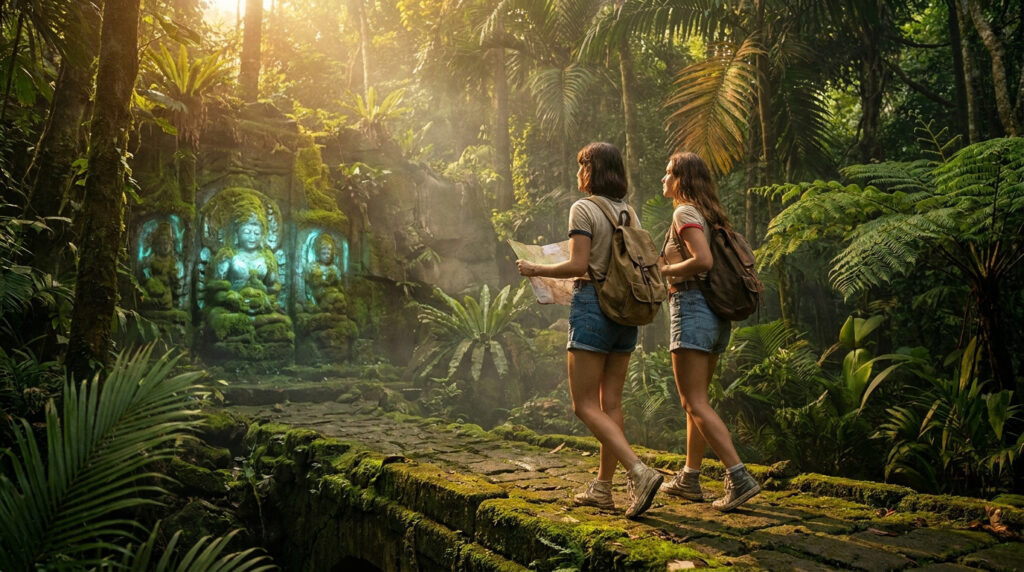 Le film Forgotten Island de DreamWorks : folklore et amitié Deux jeunes exploratrices avec des sacs à dos découvrent d'anciennes statues lumineuses dans une jungle tropicale.