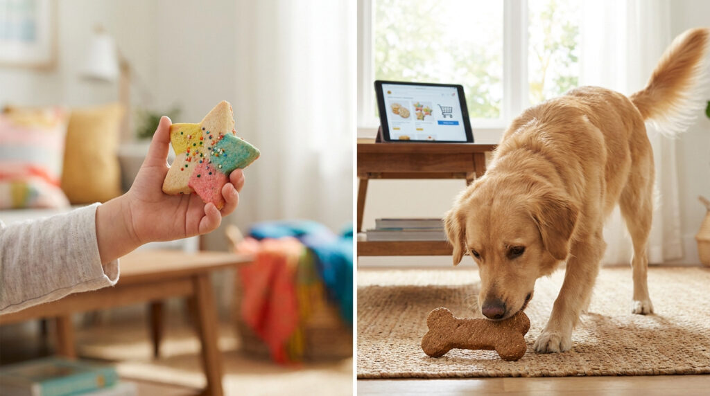 Nouveaux biscuits Girl Scouts : l’inclusivité en 2027 Main tenant un biscuit étoilé coloré à gauche et un chien jouant avec une friandise en forme d'os à droite.