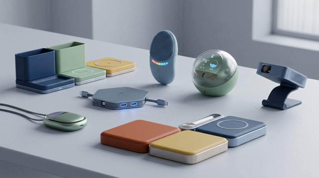 Produits insolites amazon : les gadgets de votre quotidien Divers gadgets électroniques modernes et colorés disposés sur un bureau blanc.