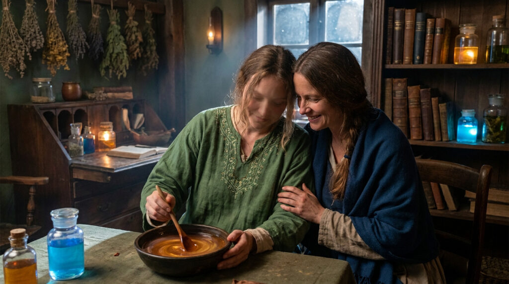 Deux femmes préparant une potion dans un intérieur rustique avec des herbes suspendues et des livres anciens.