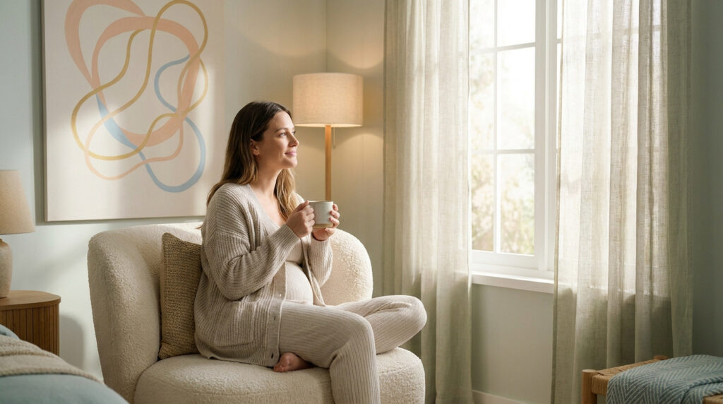 Une femme enceinte assise confortablement dans un fauteuil, tenant une tasse et regardant par la fenêtre avec sérénité.