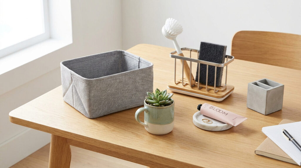 Accessoires de rangement et décoration minimalistes posés sur une table en bois clair.