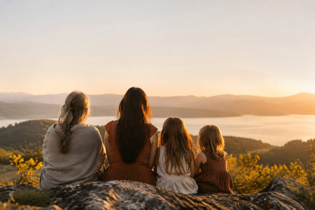 Quatre femmes de générations différentes assises sur un rocher face à un lac au coucher du soleil.