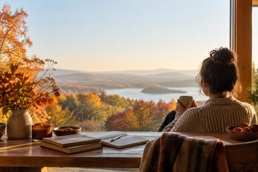 Femme assise à une table devant une baie vitrée, observant un paysage d'automne avec un lac, un livre et une tasse de thé.